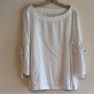 Charter Club Women’s Cream White Linen 3/4 Sleeve Top w/  Tie Sleeves Size Large
